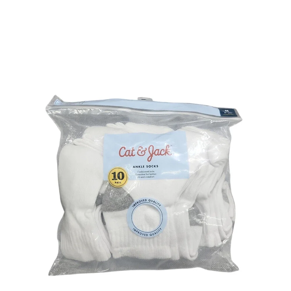 Cat & Jack Boys' 10 pair Ankle Socks White Size Medium 9-2.5